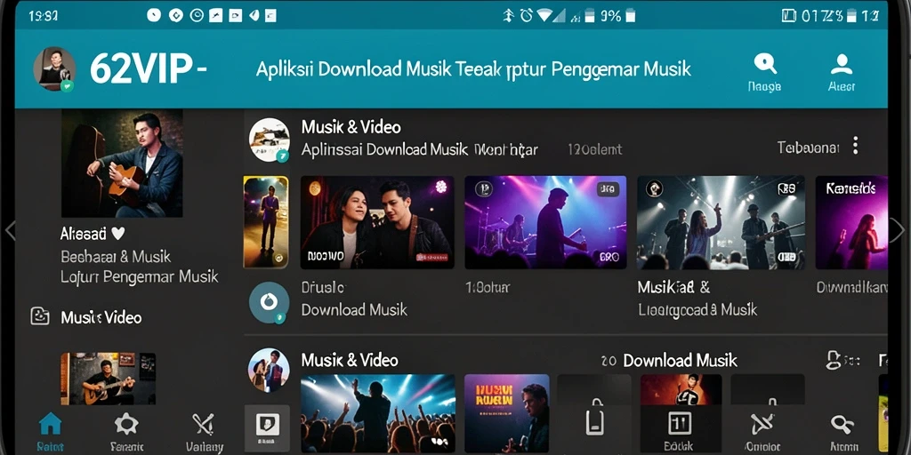 Antarmuka pengguna aplikas 62VIP untuk Download Musik yang ramah.