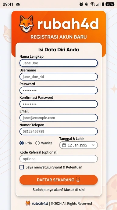 Buat Akun Baru rubah4d untuk Pengguna Android